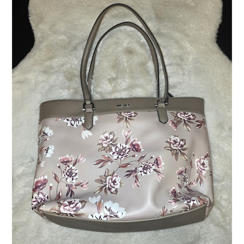 Nine West Floral Print Tote Bag Taupe Faux Leather Shoulder Bag Silver Hardware